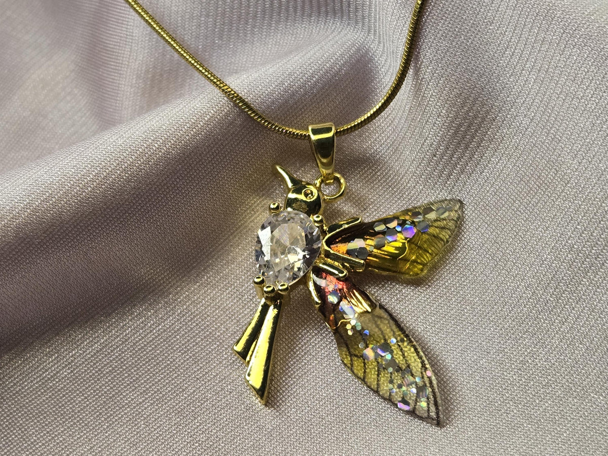 Gold Dragonfly Necklace, Crystal Enamel Wings, Nature Inspired Jewelry, Minimalist Whimsical Pendant