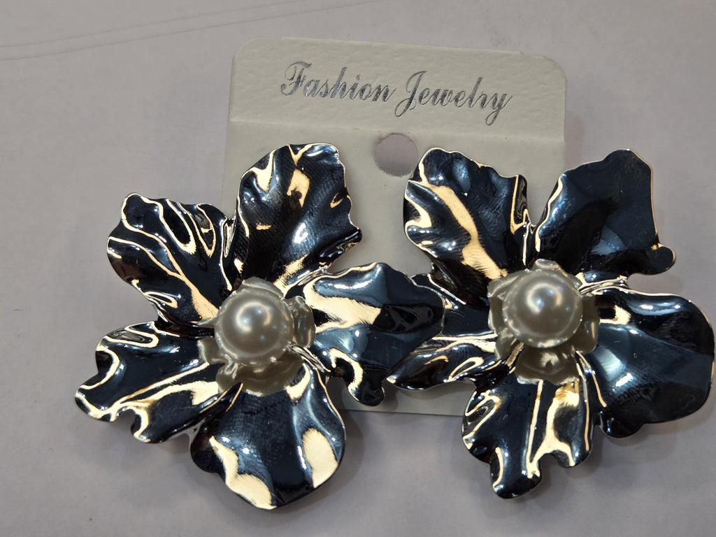 Large Silver Flower Statement Earrings with Pearl Center, 3D Metallic Botanical Studs