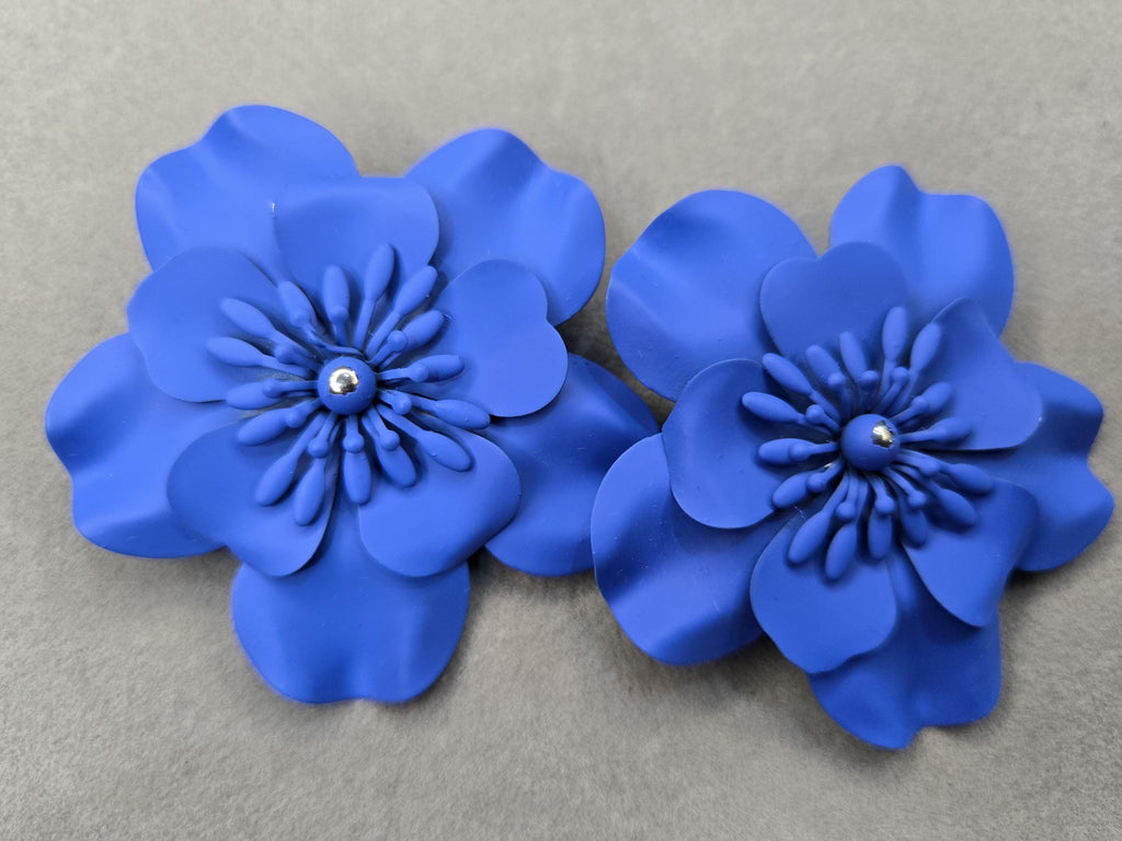 Matte Cobalt Blue 3D Flower Statement Earrings, Large Botanical Bloom Studs