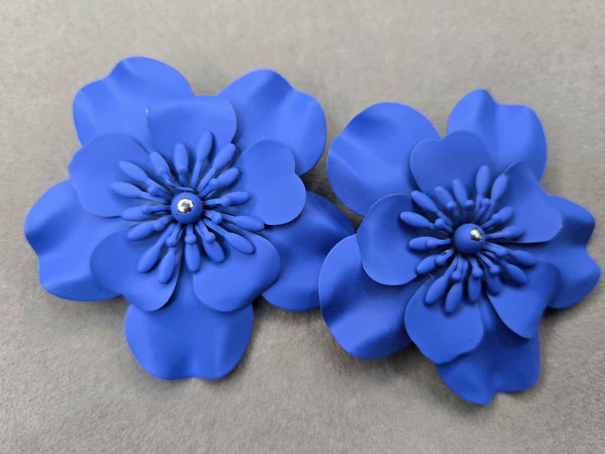 Matte Cobalt Blue 3D Flower Statement Earrings, Large Botanical Bloom Studs