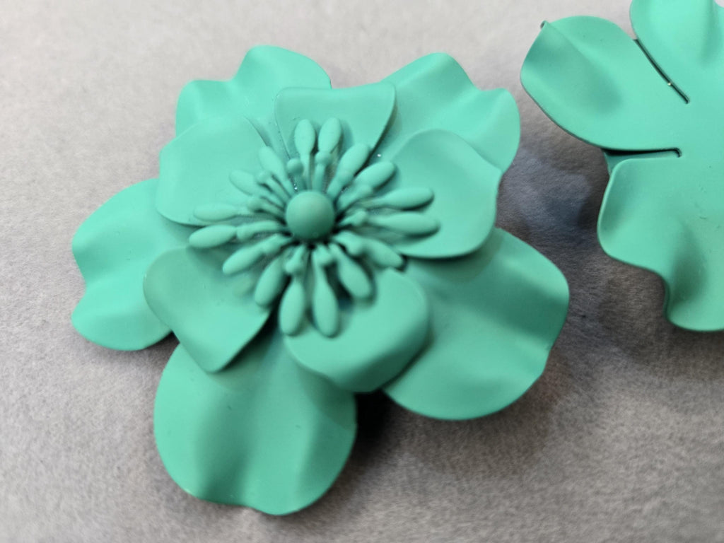 Matte Teal 3D Layered Flower Statement Earrings, Oversized Turquoise Bloom Studs