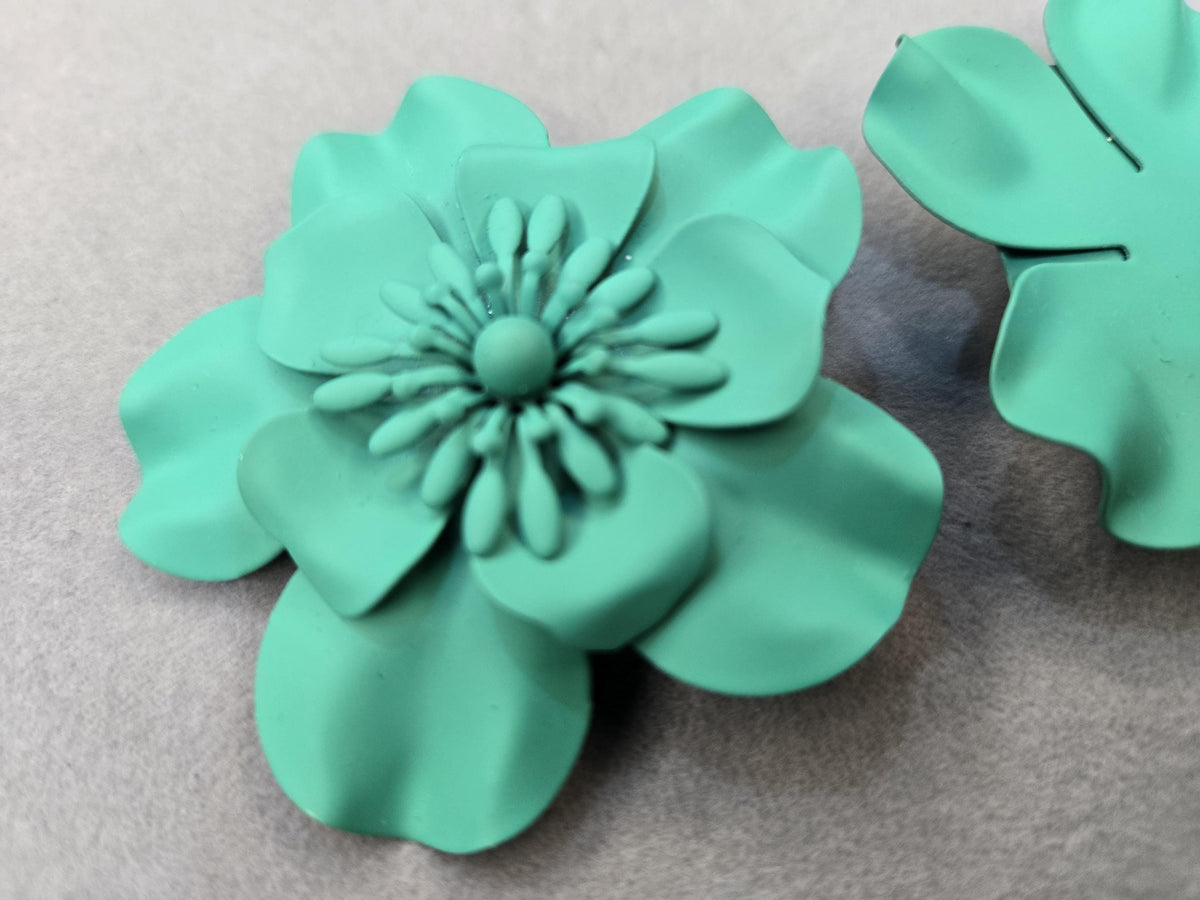 Matte Teal 3D Layered Flower Statement Earrings, Oversized Turquoise Bloom Studs