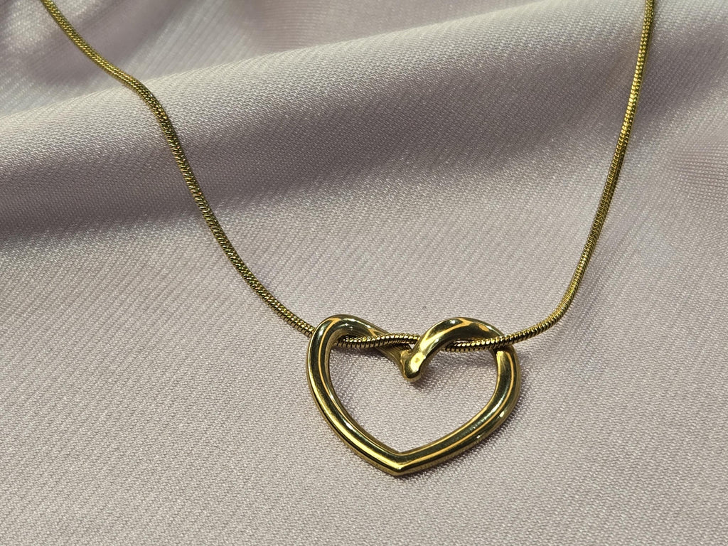 Gold Open Heart Necklace, Dainty Snake Chain Pendant, Minimalist Stainless Steel Jewelry