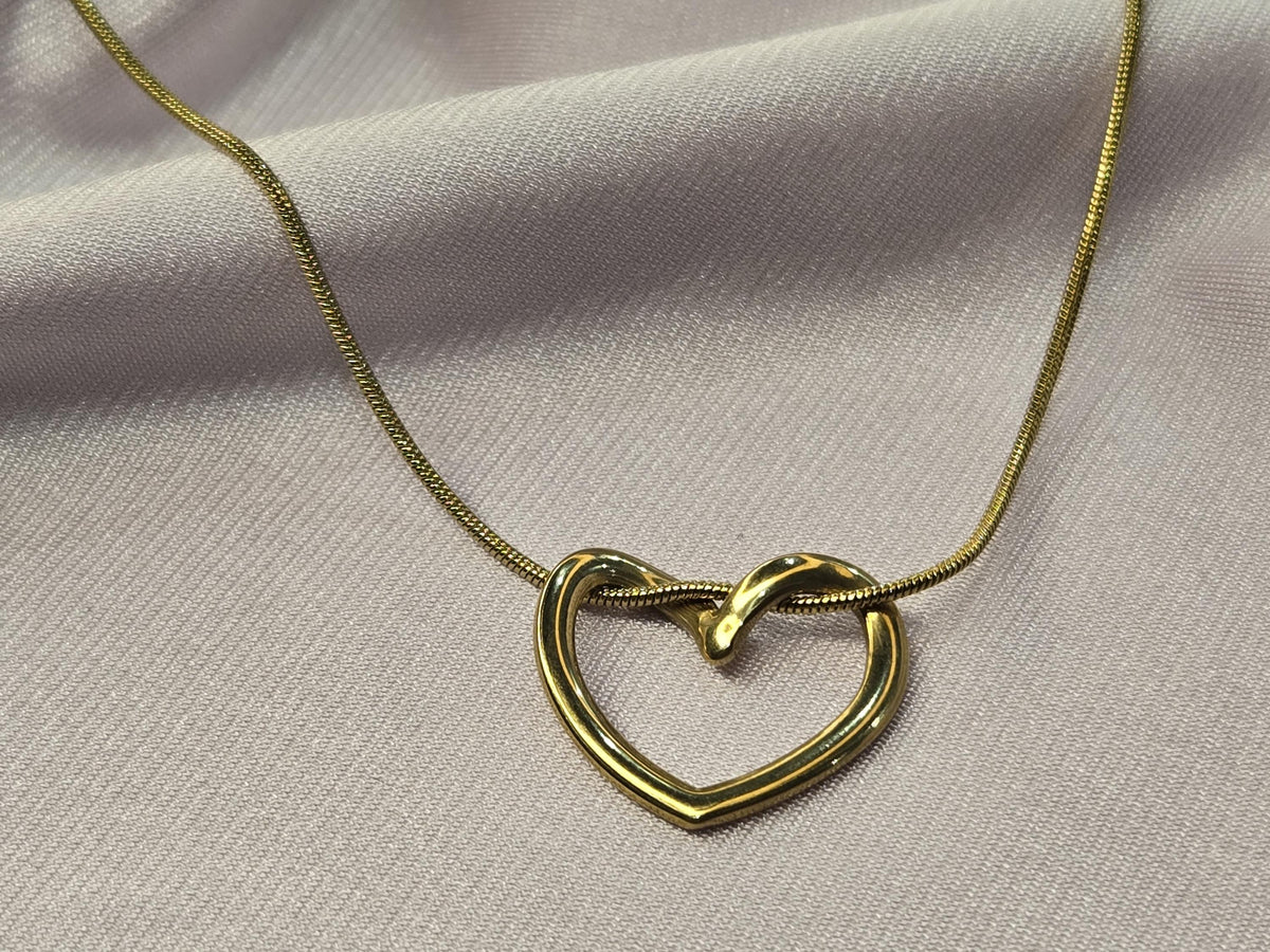 Gold Open Heart Necklace, Dainty Snake Chain Pendant, Minimalist Stainless Steel Jewelry