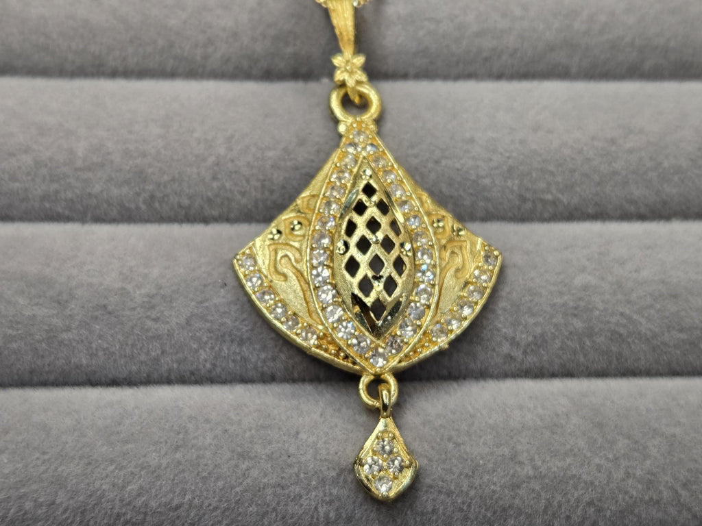 Gold Fan Pendant Necklace Set with CZ Stones – Bridal Jewelry with Matching Earrings