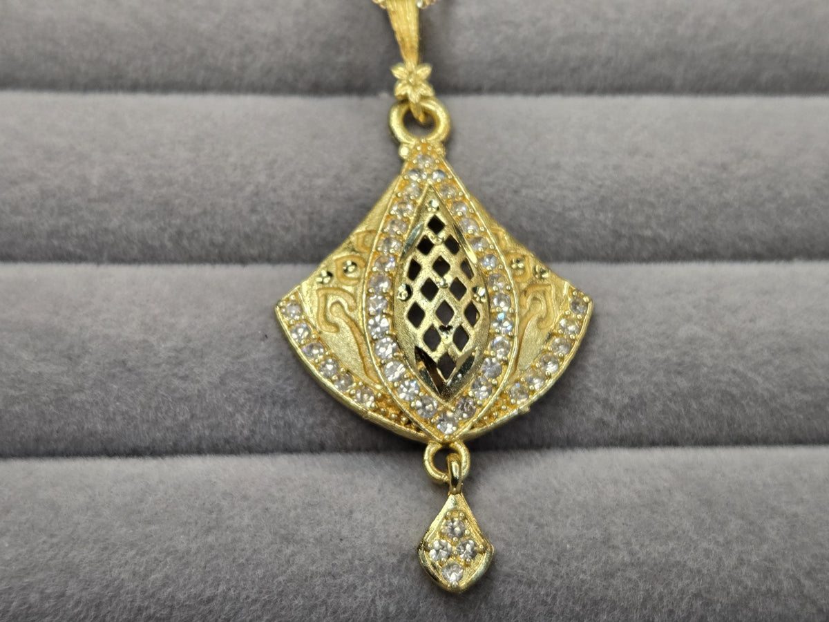 Gold Fan Pendant Necklace Set with CZ Stones – Bridal Jewelry with Matching Earrings